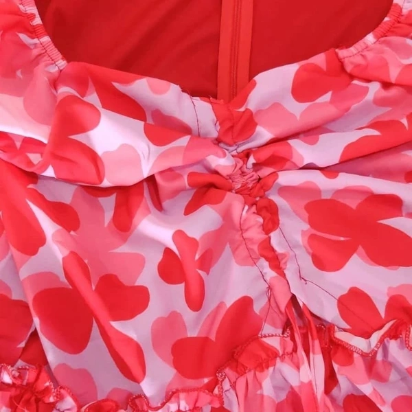 Red Flowers Printed Dress  - Free Size