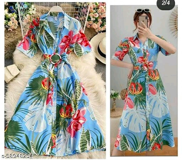 Floral Midi Length Dress - M, Blue