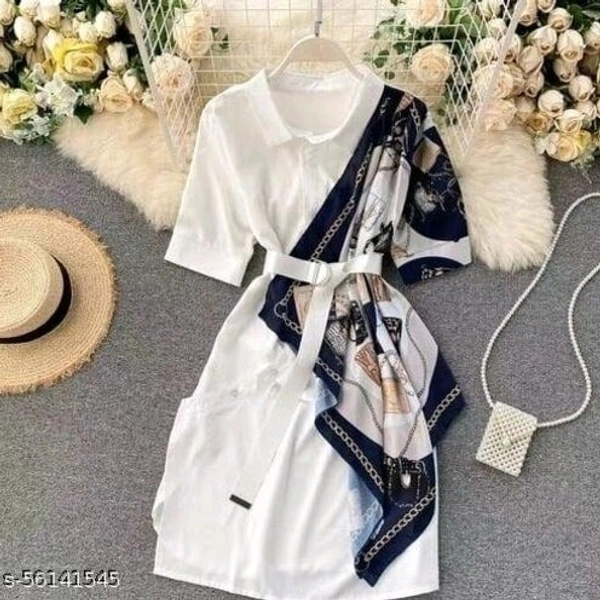 Women Shirt Type Dress - White, L