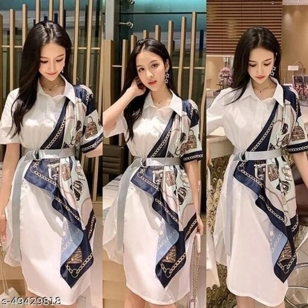 Women Shirt Type Dress - White, L