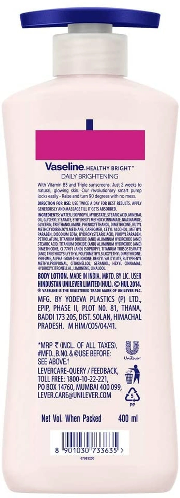 Vaseline Healthy Bright Body Lotion, Daily Brightening Moisturizer with Sunscreen for Dry Skin, Gives Non-Greasy Glowing Skin - For Men & Women - 400 ml, 2-3 days on orders over ₹499 shipped by Selection House