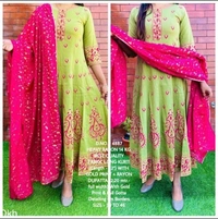 Beautiful Heavy Rayon Fabric Full Flared, Long Stylish Gold Printed Kurti ( Length - 52”) With Pom - Pom On Yoke + Rayon Dupatta (2.20 mtr. - Full Width) Wth Gold Print & Gotta Detailing On Borders* - XXXL/46