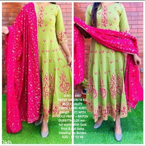 Beautiful Heavy Rayon Fabric Full Flared, Long Stylish Gold Printed Kurti ( Length - 52”) With Pom - Pom On Yoke + Rayon Dupatta (2.20 mtr. - Full Width) Wth Gold Print & Gotta Detailing On Borders* - XXXL/46