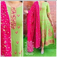 Beautiful Heavy Rayon Fabric Full Flared, Long Stylish Gold Printed Kurti ( Length - 52”) With Pom - Pom On Yoke + Rayon Dupatta (2.20 mtr. - Full Width) Wth Gold Print & Gotta Detailing On Borders* - M/38, 2-3 days on orders over ₹499 shipped by Selection House
