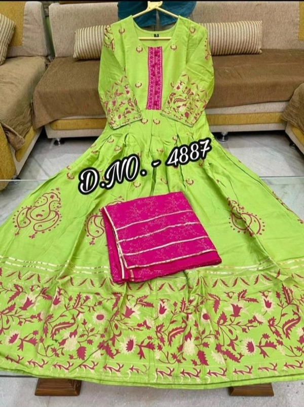 Beautiful Heavy Rayon Fabric Full Flared, Long Stylish Gold Printed Kurti ( Length - 52”) With Pom - Pom On Yoke + Rayon Dupatta (2.20 mtr. - Full Width) Wth Gold Print & Gotta Detailing On Borders* - M/38, 2-3 days on orders over ₹499 shipped by Selection House
