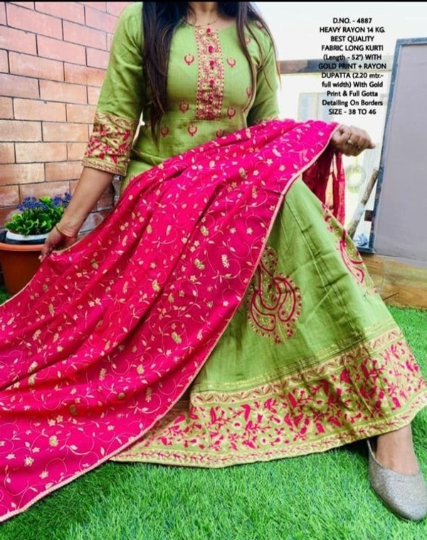 Beautiful Heavy Rayon Fabric Full Flared, Long Stylish Gold Printed Kurti ( Length - 52”) With Pom - Pom On Yoke + Rayon Dupatta (2.20 mtr. - Full Width) Wth Gold Print & Gotta Detailing On Borders* - M/38, 2-3 days on orders over ₹499 shipped by Selection House