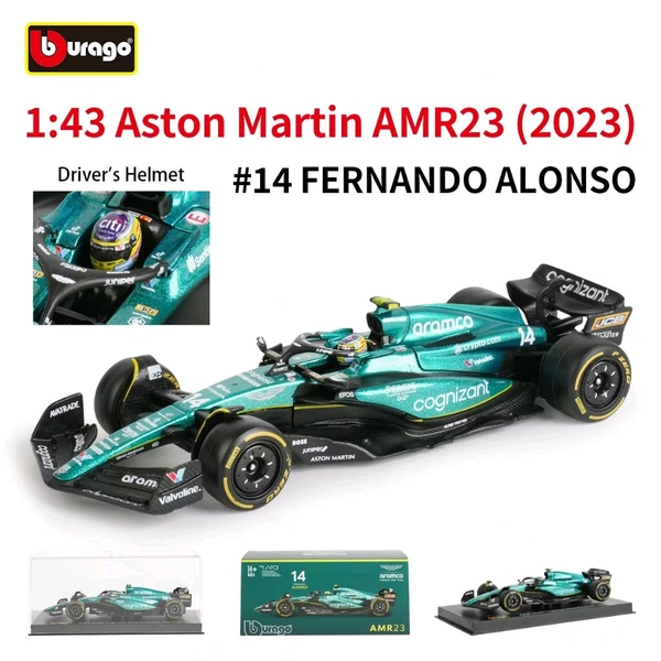Bburago 1:43 2023 Aston Martin F1 AMR23 Model Car - 14 (Case + Helmet)