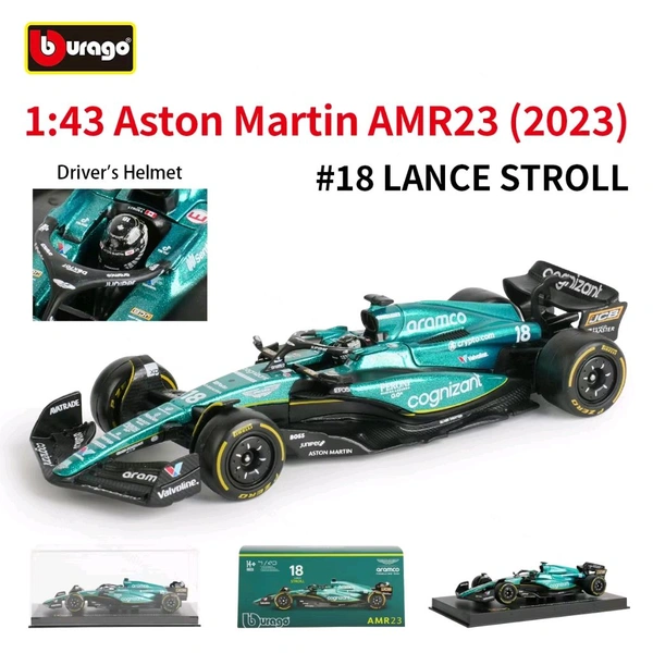 Bburago 1:43 2023 Aston Martin F1 AMR23 Model Car - 18 (Case + Helmet)
