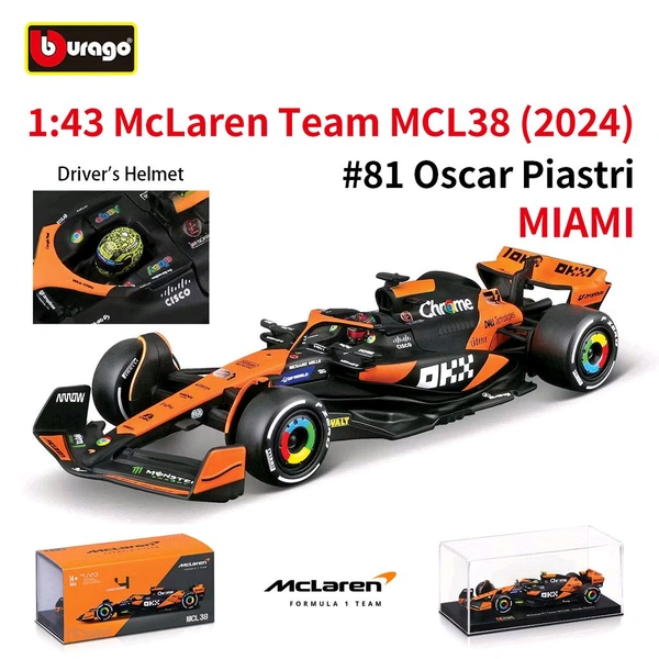 Bburago 1:43 2024 McLaren MCL38 - Miami GP Livery - 4 - Case + Helmet