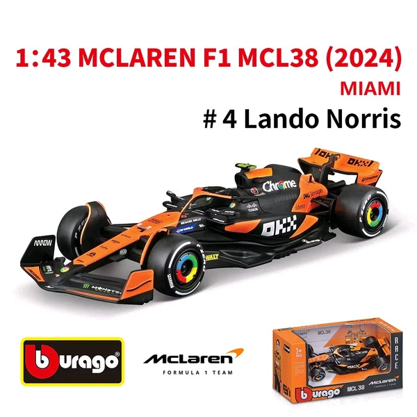 Bburago 1:43 2024 McLaren MCL38 - Miami GP Livery - 4 - No Case + NO Helmet