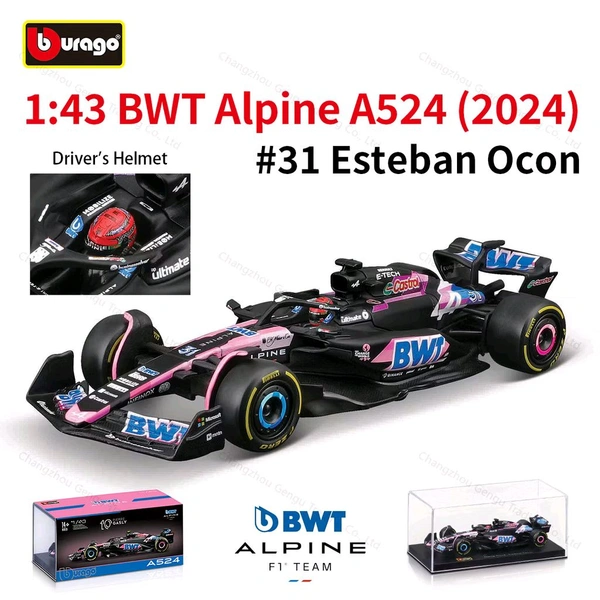 Bburago 1:43 2024 Alpine A524 - Bahrain GP Livery - 31 - Case + Helmet