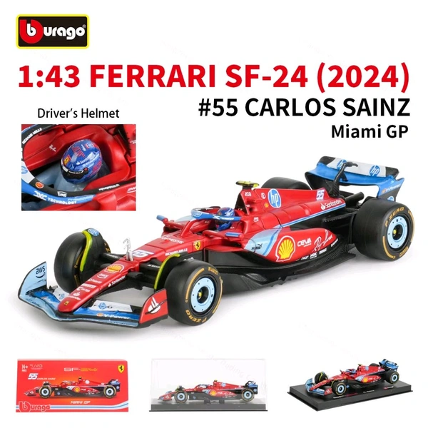Bburago 1:43 2024 Scuderia Ferrari SF 24 - Miami GP - 55 (Case + Helmet)