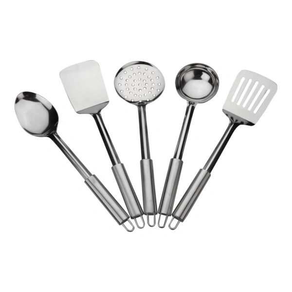 Stainless Steel Kitchen Tool Set for Cooking, Set of 5, Silver (Includes: 1 Ladle Spatula, 1 Skimmer,1 Turner, 1 Ladle, 1 Slotted Turner 24 cm Each)