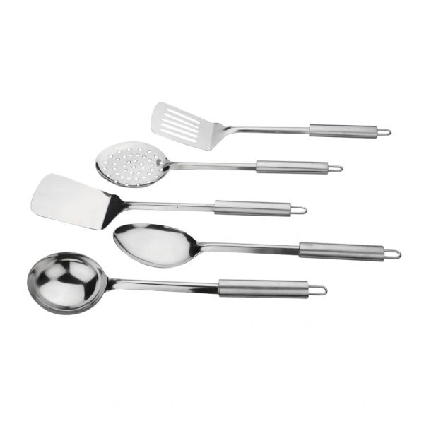 Stainless Steel Kitchen Tool Set for Cooking, Set of 5, Silver (Includes: 1 Ladle Spatula, 1 Skimmer,1 Turner, 1 Ladle, 1 Slotted Turner 24 cm Each)
