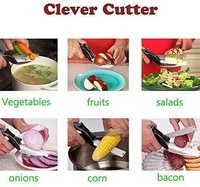 Smart Clever Cutter Kitchen Knife Food Chopper and in Built Mini Chopping Board with Locking Hinge; with Spring Action; Stainless Steel Blade Vegetable Cutters