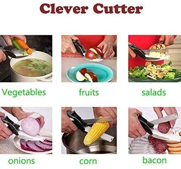 Smart Clever Cutter Kitchen Knife Food Chopper and in Built Mini Chopping Board with Locking Hinge; with Spring Action; Stainless Steel Blade Vegetable Cutters