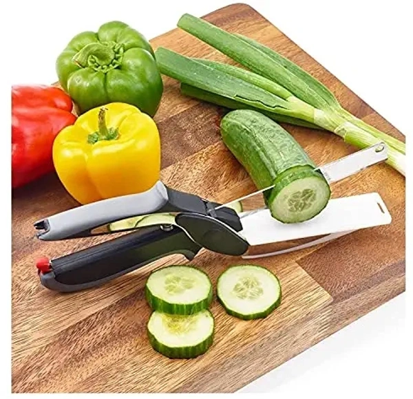 Smart Clever Cutter Kitchen Knife Food Chopper and in Built Mini Chopping Board with Locking Hinge; with Spring Action; Stainless Steel Blade Vegetable Cutters