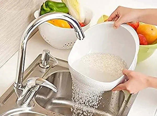Plastic Rice Fruits Vegetable Noodles Pasta Washing Bowl and Strainer Rice Bowl/Food Strainer Thick Drain Basket with Handle for Rice, Vegetable & Fruit