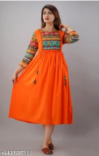 Printed Rayon Long Anarkali Kurti - Orange , L
