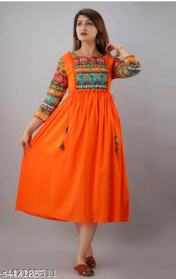 Printed Rayon Long Anarkali Kurti - Orange , L