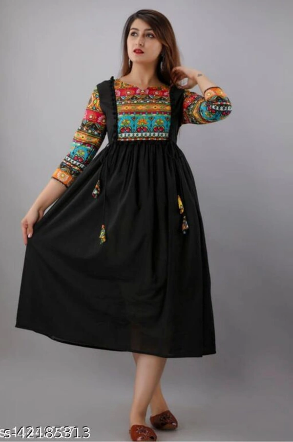 Printed Rayon Long Anarkali Kurti - Black, S