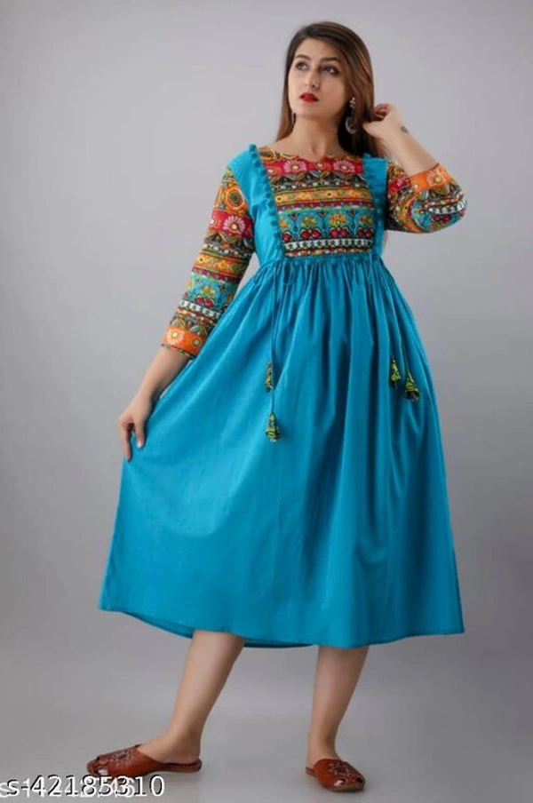 Printed Rayon Long Anarkali Kurti - Light Blue, S