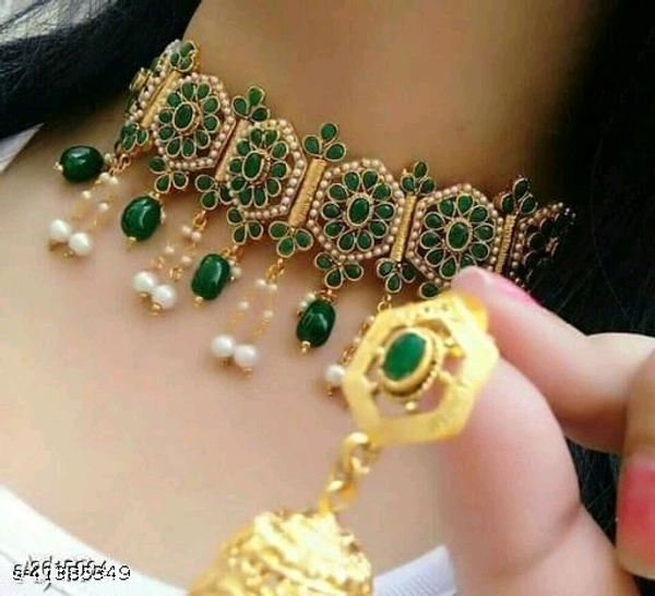 Charming Ruby Green _ Moti jalar choker set(M) - Multicolour