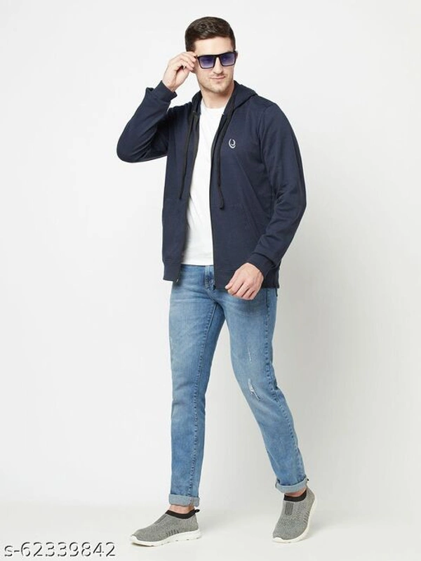 Zipper Hooded Men Soft Fabric Sweatshirt With Logo(M) - Navy Blue, XXL