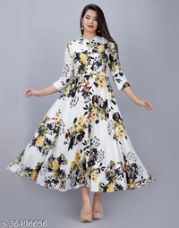 Printed Anarkali Kurti for Women Ethnic Wear Rayon Fabric (M) - Green -White, L