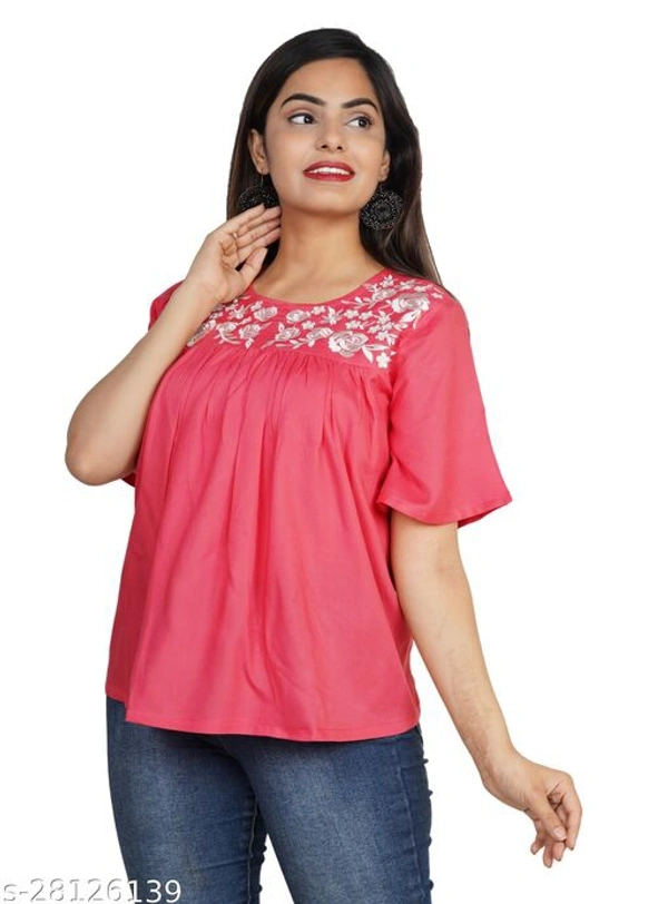Krishnam Fashion Navy Blue Colored Half Sleeves White Embroidered Tunic/Top For Women (M) - Ruby, XXL