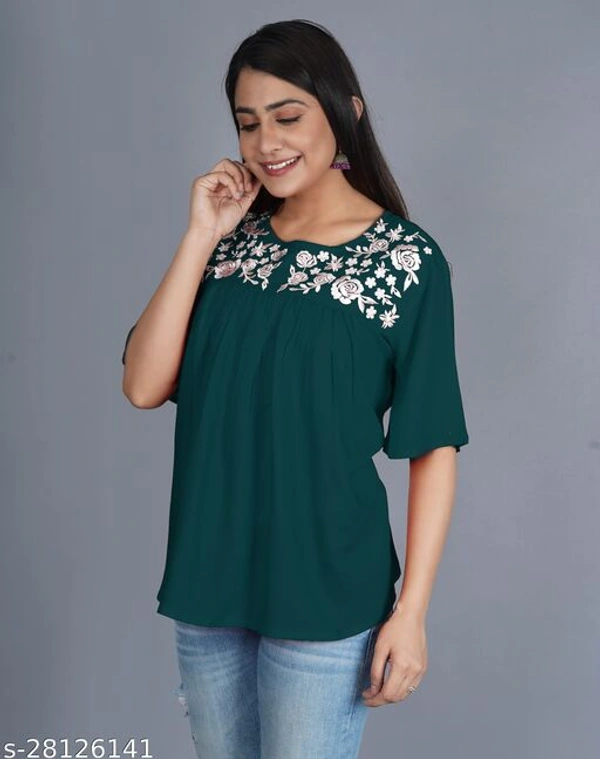 Krishnam Fashion Navy Blue Colored Half Sleeves White Embroidered Tunic/Top For Women (M) - Reed Green, S
