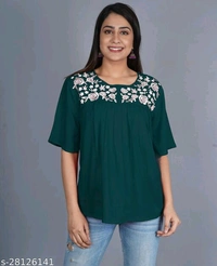 Krishnam Fashion Navy Blue Colored Half Sleeves White Embroidered Tunic/Top For Women (M) - Reed Green, XL