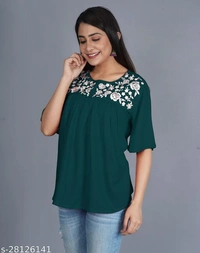 Krishnam Fashion Navy Blue Colored Half Sleeves White Embroidered Tunic/Top For Women (M) - Reed Green, 3XL