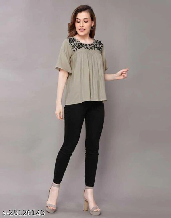 Krishnam Fashion Navy Blue Colored Half Sleeves White Embroidered Tunic/Top For Women (M) - Blue-Green, L