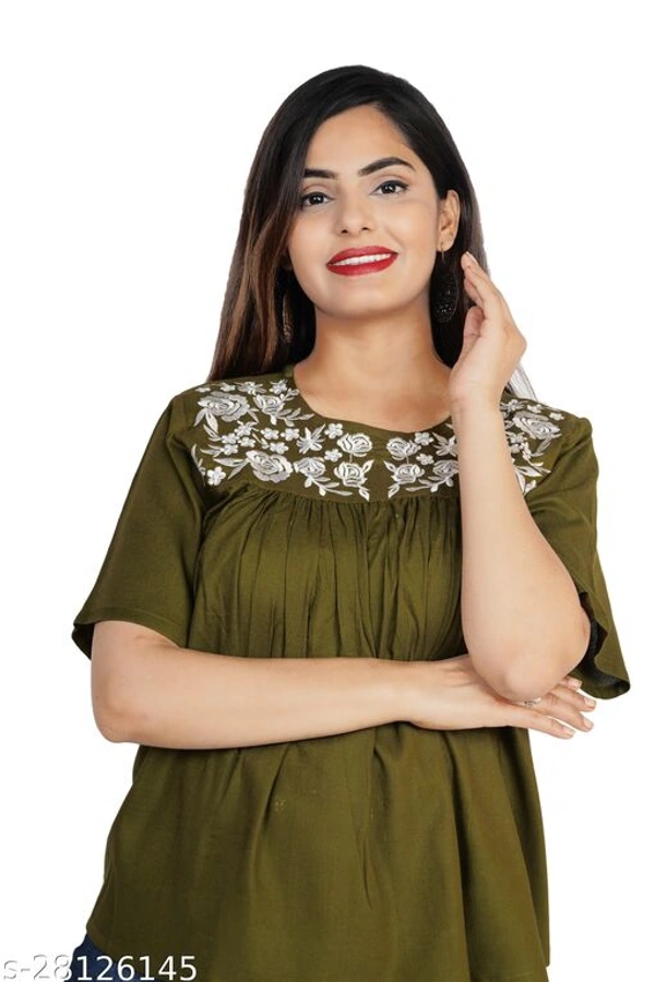 Krishnam Fashion Navy Blue Colored Half Sleeves White Embroidered Tunic/Top For Women (M) - Blue-Green, Xl
