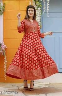 RAYON ANARKALI KURTI - Red, XL