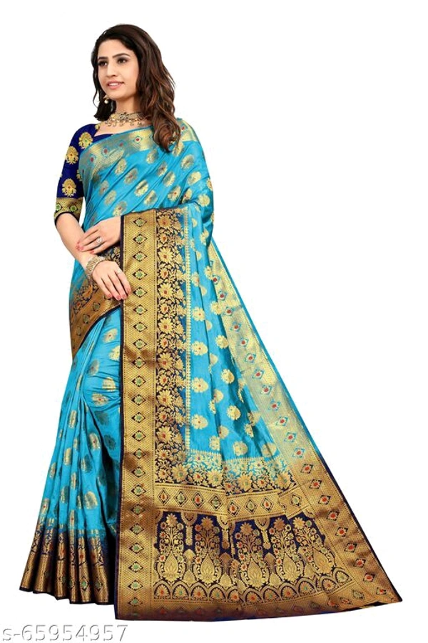 Ganga kanjivaram silk saree with zari blouse - Blue, s-65954957