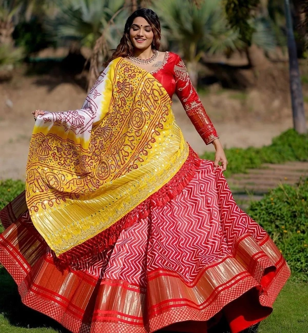 🧚‍♀️💕 *LUNCHING NEW DESIGNER PARTY WEAR FANCY DIGITAL PRINT AND REAL MIRROR HAND WORK LAHENGHA - CHOLI WITH DUPATTA* 🧚‍♀️💕 - Red-Yelllow