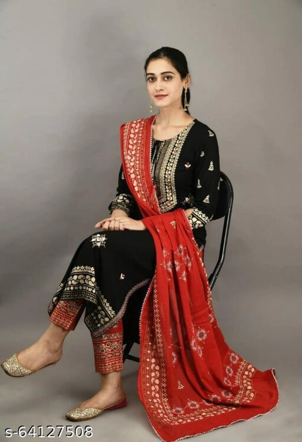 WOMEN'S & GIRLS JAIPURI PRINTED KURTA, PANT & DUPATTA SET - Black, XL