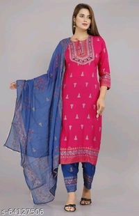 WOMEN'S & GIRLS JAIPURI PRINTED KURTA, PANT & DUPATTA SET - Black, XL