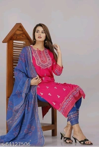 WOMEN'S & GIRLS JAIPURI PRINTED KURTA, PANT & DUPATTA SET - Green, XXL