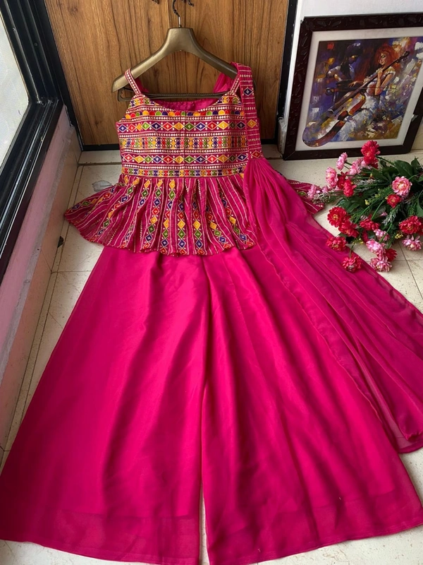 LC 667 ♥️ PRESENTING NEW KURTI-PLAZZO SET♥️♥️ GOOD QUALITY GEORGETTE TOP WITH BEAUTIFUL FULLY EMBROIDERED &  GEORGETTE PLAZZO(AM) - Free size