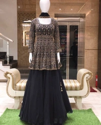 👉👗💥*LAUNCHING NEW ĐĚSIGNER PARTY WEAR LOOK NEW SHARARA PLAZO WITH HEAVY EMBROIDERY SEQUENCE WORK *💥👗👌🎊🎊(AM) - Free Size, Black