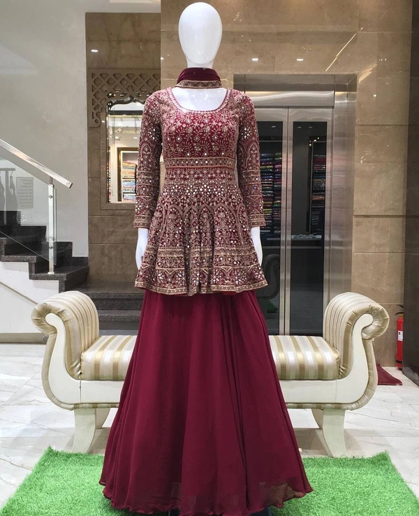 *🧵FABRICS DETAIL🧵*💃👚* TOP *👚💃*#TOP FABRIC*         :FAUX GEORGETTE WITH HEAVY EMBROIDERY 5 mm SEQUENCE WORK WITH RIYAL MIRROR HAND WORK WITH EMBROIDERY SLEEVES(AM) - Black