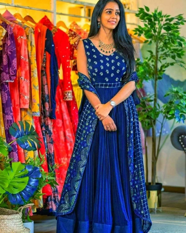LC -422 ♥️ PRESENTING NEW DESIGNER  EMBROIDERED ANARKALI GOWN ♥️♥️ GOOD QUALITY EMBROIDERED GEORGETTE    OUTFIT(AM) - Blue, Free Size