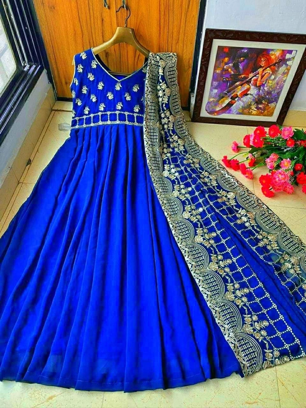LC -422 ♥️ PRESENTING NEW DESIGNER  EMBROIDERED ANARKALI GOWN ♥️♥️ GOOD QUALITY EMBROIDERED GEORGETTE    OUTFIT(AM) - Blue, Free Size