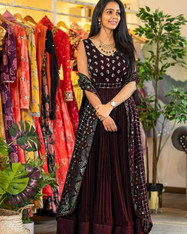 LC -422 ♥️ PRESENTING NEW DESIGNER  EMBROIDERED ANARKALI GOWN ♥️♥️ GOOD QUALITY EMBROIDERED GEORGETTE    OUTFIT(AM) - Brown, Free size
