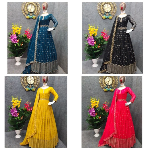 *Presenting New Designers Party Wear Gown 4 Colors With Heavy Embroidery Siquence Work*(am) - Free Size