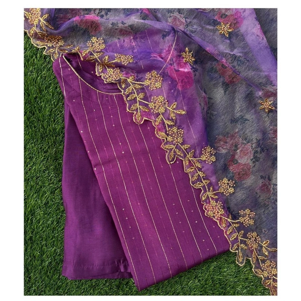 *NEW LUNCHING 😍**Sequin Detailed Kurta With**Pants & Floral Printed Embroidered Hand work Beutiful Organza Dupatta Set(am) - M-38