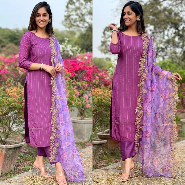 *NEW LUNCHING 😍**Sequin Detailed Kurta With**Pants & Floral Printed Embroidered Hand work Beutiful Organza Dupatta Set(am) - XXL-44